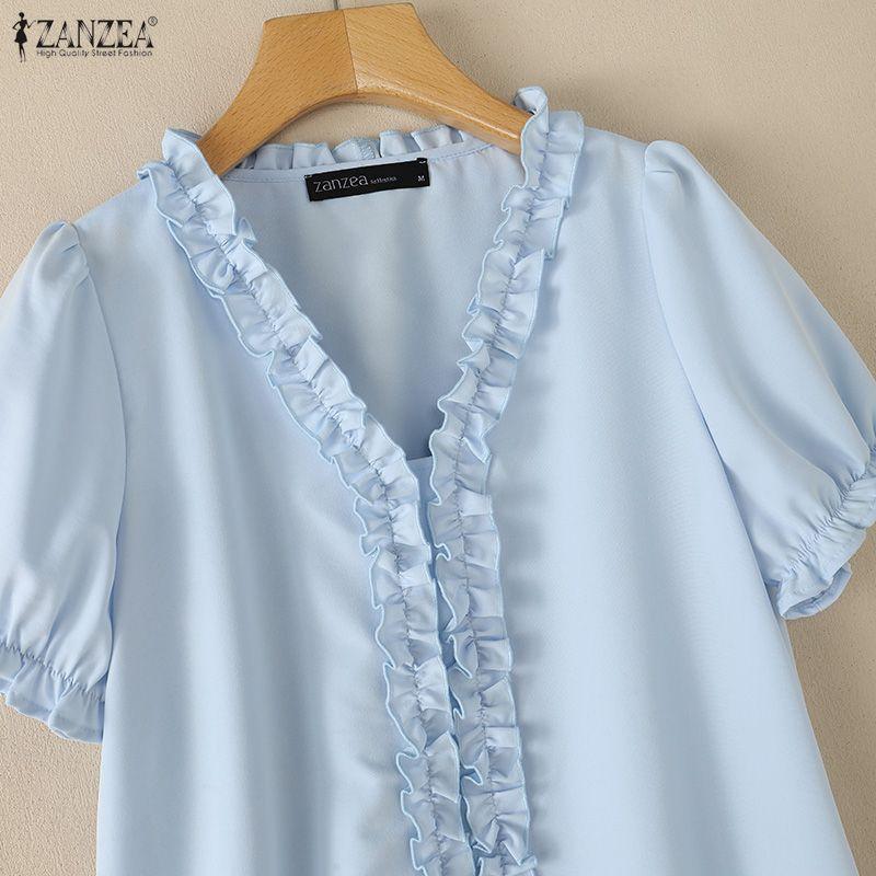 ZANZEA Blusa Casual da Donna con Scollo a V Tinta Unita Maniche Corte Larghe