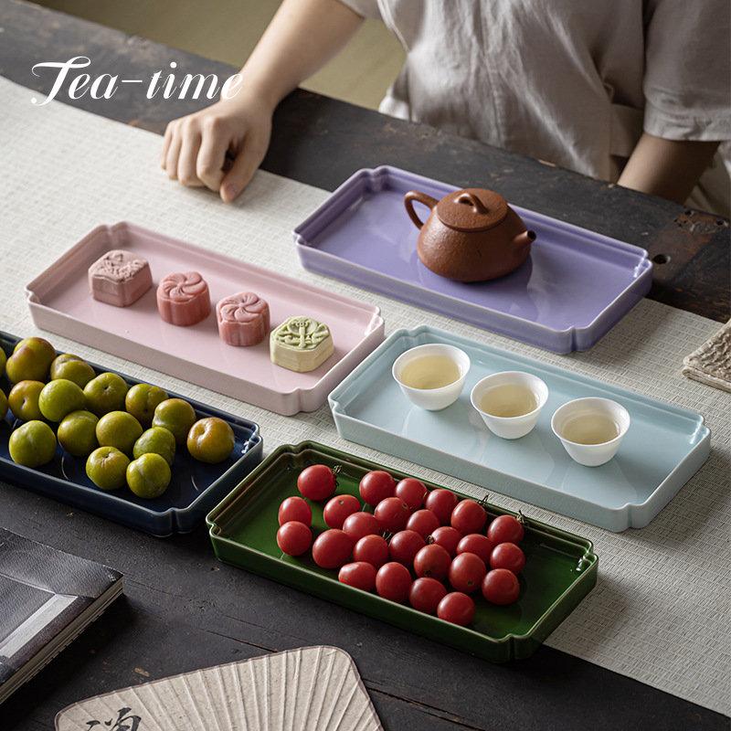 Boutique Chinese Style Rectangle Tea Tray Multipurpose Ceramics Pot Bearing Dry Bubble Tray Household Dessert Fruit Plate Gifts