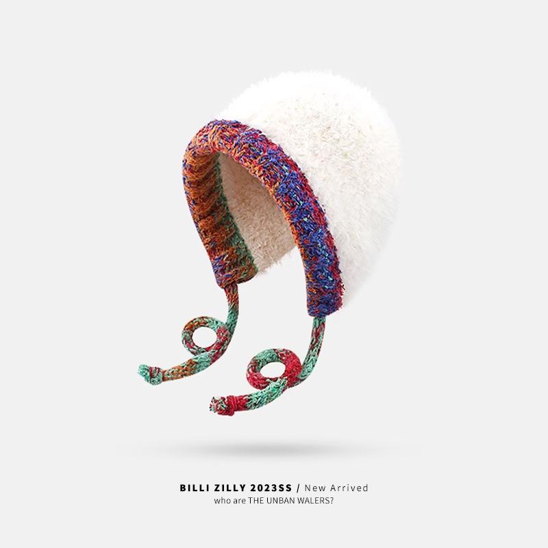 Autumn and Winter Plush Hat Women's New Big Head Circumference Warm Wool Hat Knitted Drawstring Headhat Thickened In Winter