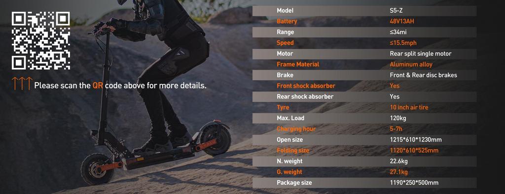 JOYOR S5-Z 600W Foldable Electric Scooter, 48V 13Ah, 55km Range, 10" Off-Road Tires, Dual Disc Brakes, Dual Suspension