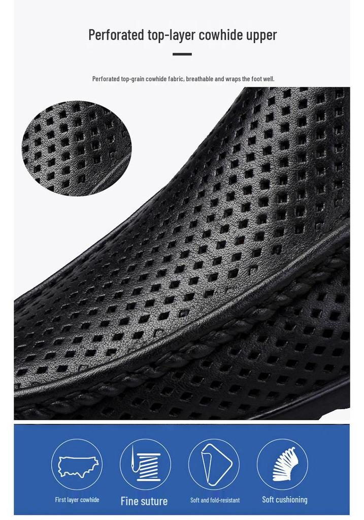 Men's Hollow Leather Slip-On Loafers - Breathable, Summer, Low-Top Flats, Large Size Cowhide Casual Shoes
