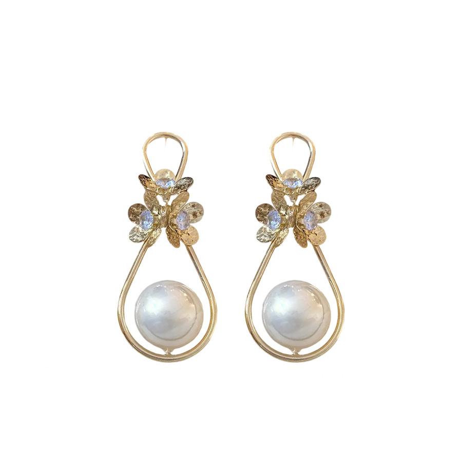 Silver Needle Zircon Flower Pearl Water Drop Pendant Earrings Light Luxury Fashion Earrings Women's Personality Earrings Design Sense Niche