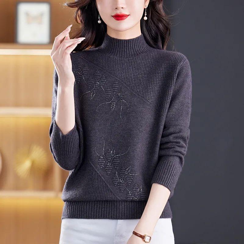 Solid Color Jacquard Knitted Sweater Women's High Neck Winter Sweater Knitted Base Sweater