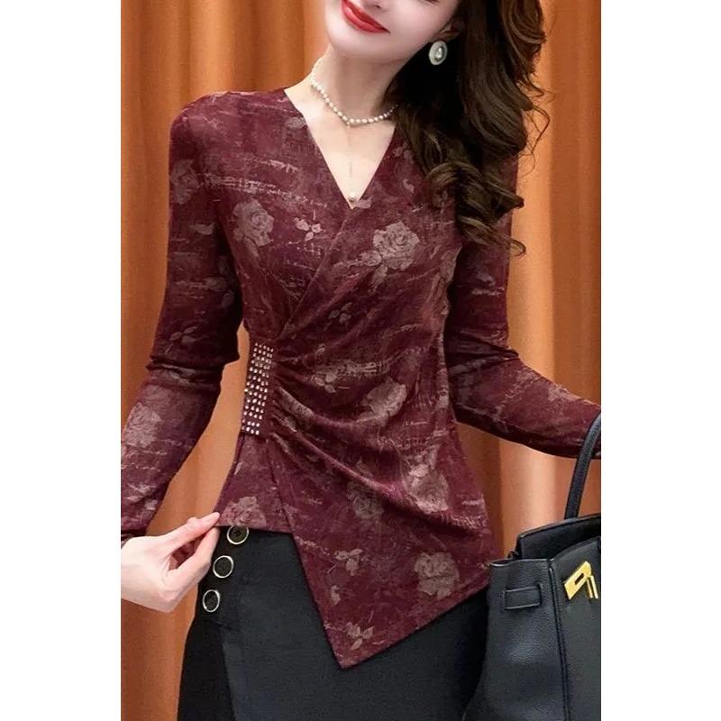 New French Mesh Top Slim Long Sleeves Printed Design Elegant V-neck T-shirt Fashionable Autumn Bottoming Shirt