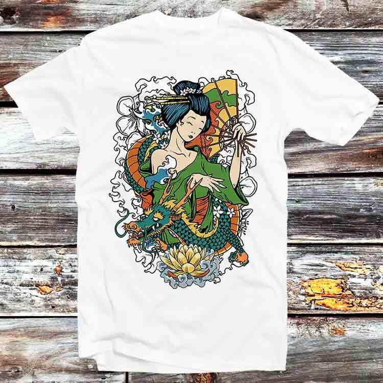 Geisha I Tokyo Japan Japanese Art Dragon Flowers T Shirt B777