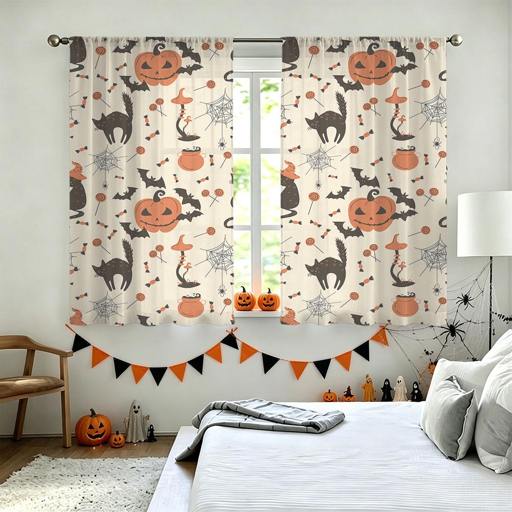 2Pcs Halloween Pumpkin Black Cat Bat Seamless Pattern Rod Pocket Curtains Double Sided Window Drapes Light Filtering Privacy