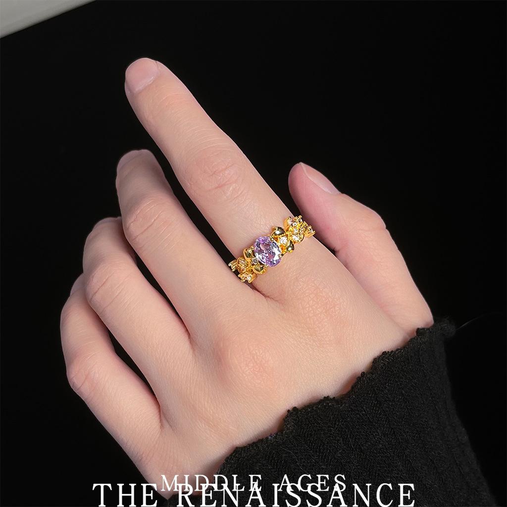 Bauhinia~ Zircon Heavy Industry Flower Index Finger Ring French Vintage Court Style Ring Jewelry