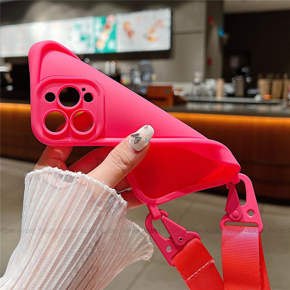 INS Crossbody Necklace Lanyard Soft Silicone Holder Case For iPhone 16 14 11 12 13 15 Pro Max XS X XR 8 7 Plus Solid Color Cover