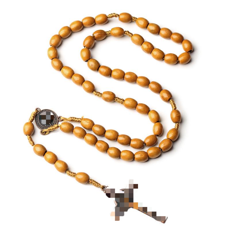 Cross Rosary Necklace with Handmade Knotted 9x10 Wooden Beads in Coffee Color