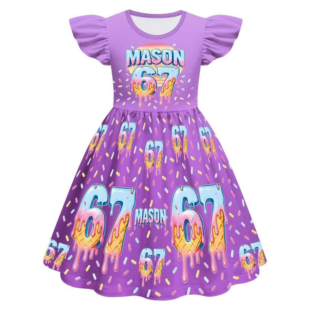 82887 Kids Girls Steal a Brainrot 67 Print Ruffle Sleeveless Princess Dress