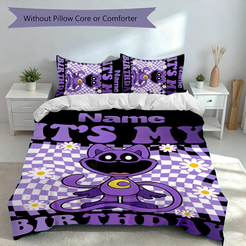 3pcs Custom Name Smiling Critters Bedding Set,Includes 1 Duvet Cover and 2 Pillowcases,All-season Bedroom Decor
