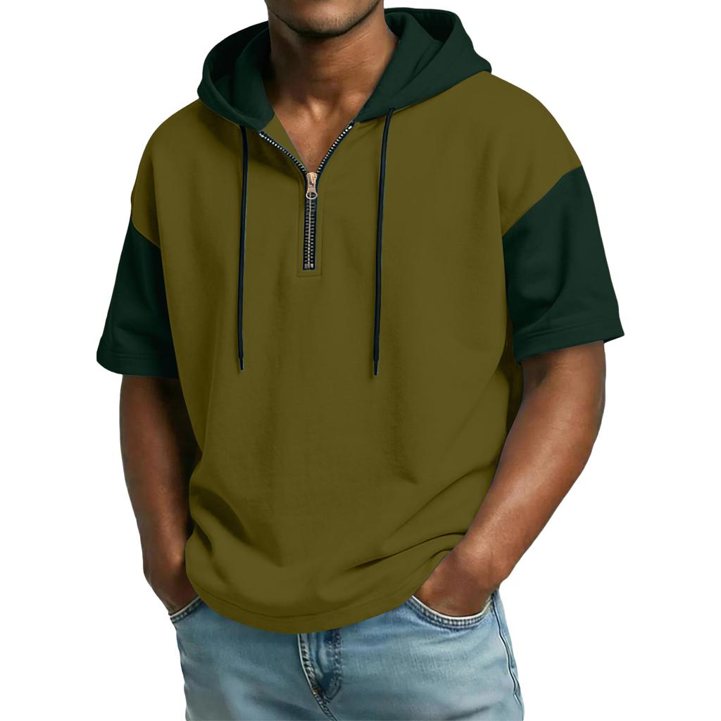 Men's Casual Hooded Zipper Neck Sweatshirt Short Sleeve Top