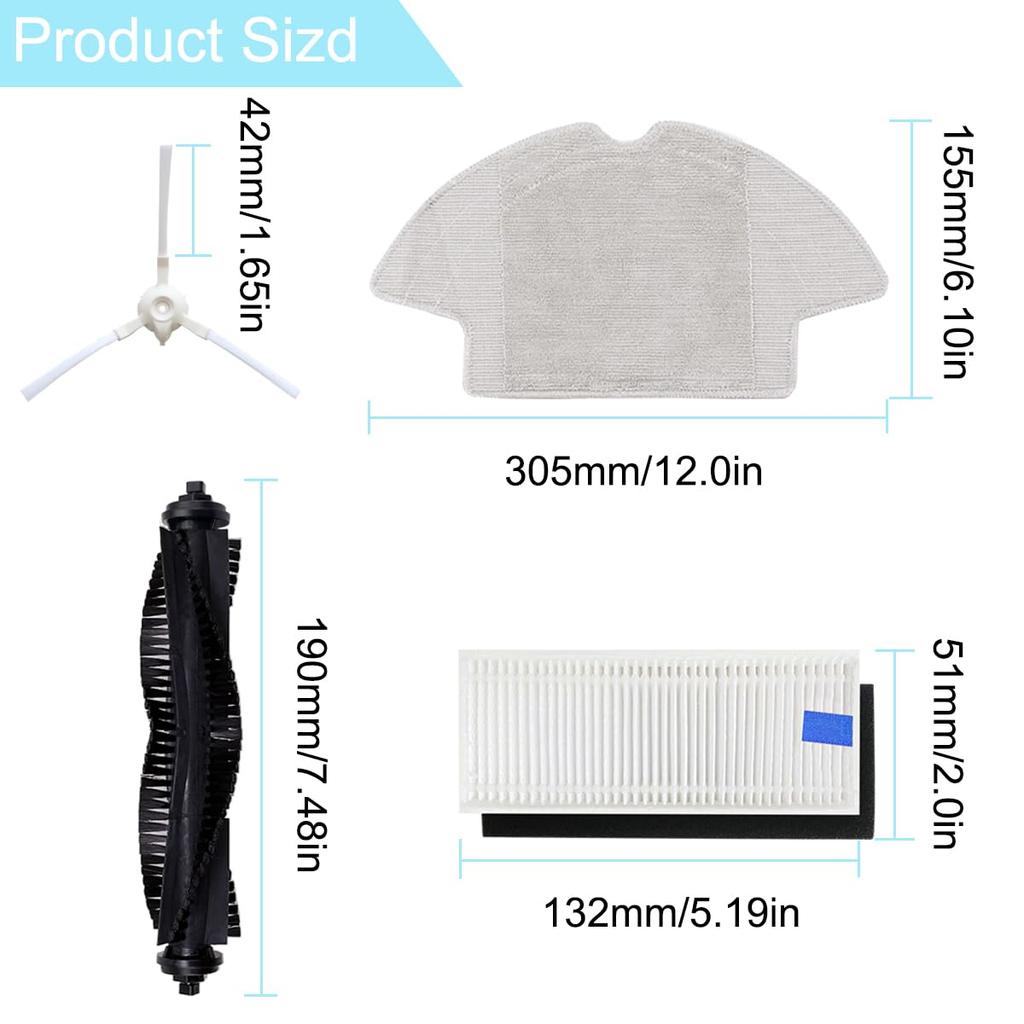 EATBALE Spare Set for 360 S6 Robot Vacuum Cleaner - Rubber 1 Main Brush, 4 Side Brushes, 3 HEPA Filters, 3 Wipe Pads - Replacement Parts Suitable for