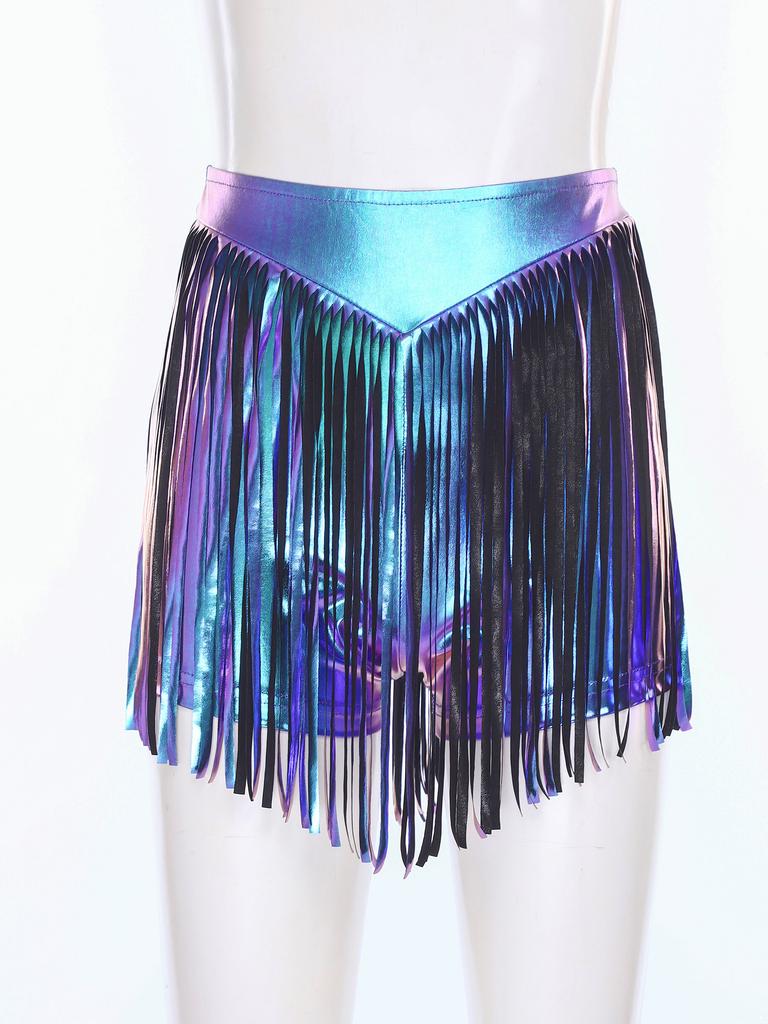 S-XXL Women's Fringed Booty Shorts: High Waist Iridescent Metallic Hot Pants with Tassel for Jazz Rock Dance Performance