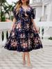 Plus-Size Navy Blue V-Neck Print Summer Dress