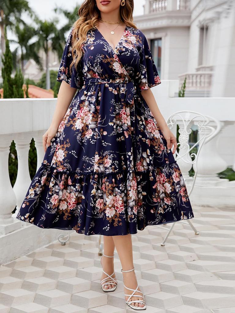 Plus-Size Navy Blue V-Neck Print Summer Dress