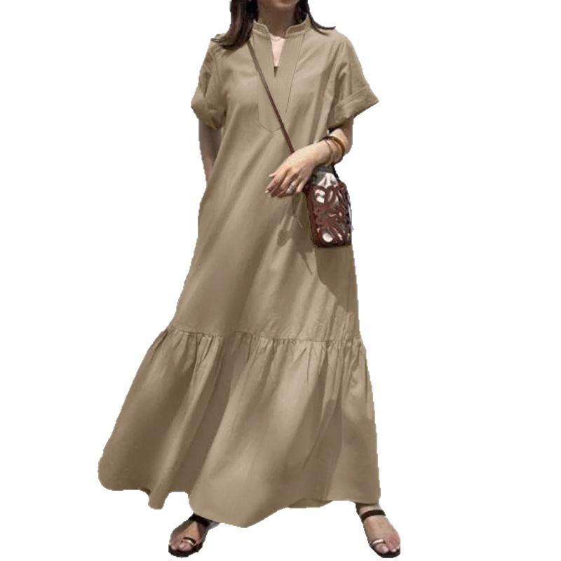 2025 Spring/Summer European and American Cross-border Fashion New Women's Stand Collar Short Sleeve V-Neck Loose Mermaid A-Line Long Dress