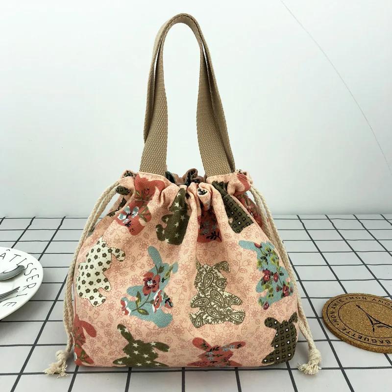 Japanese Cute Bento Bag Handheld Canvas Bag Cartoon Portable Drawstring Cutlery Storage Drawstring Bags for Two Lunch Boxes