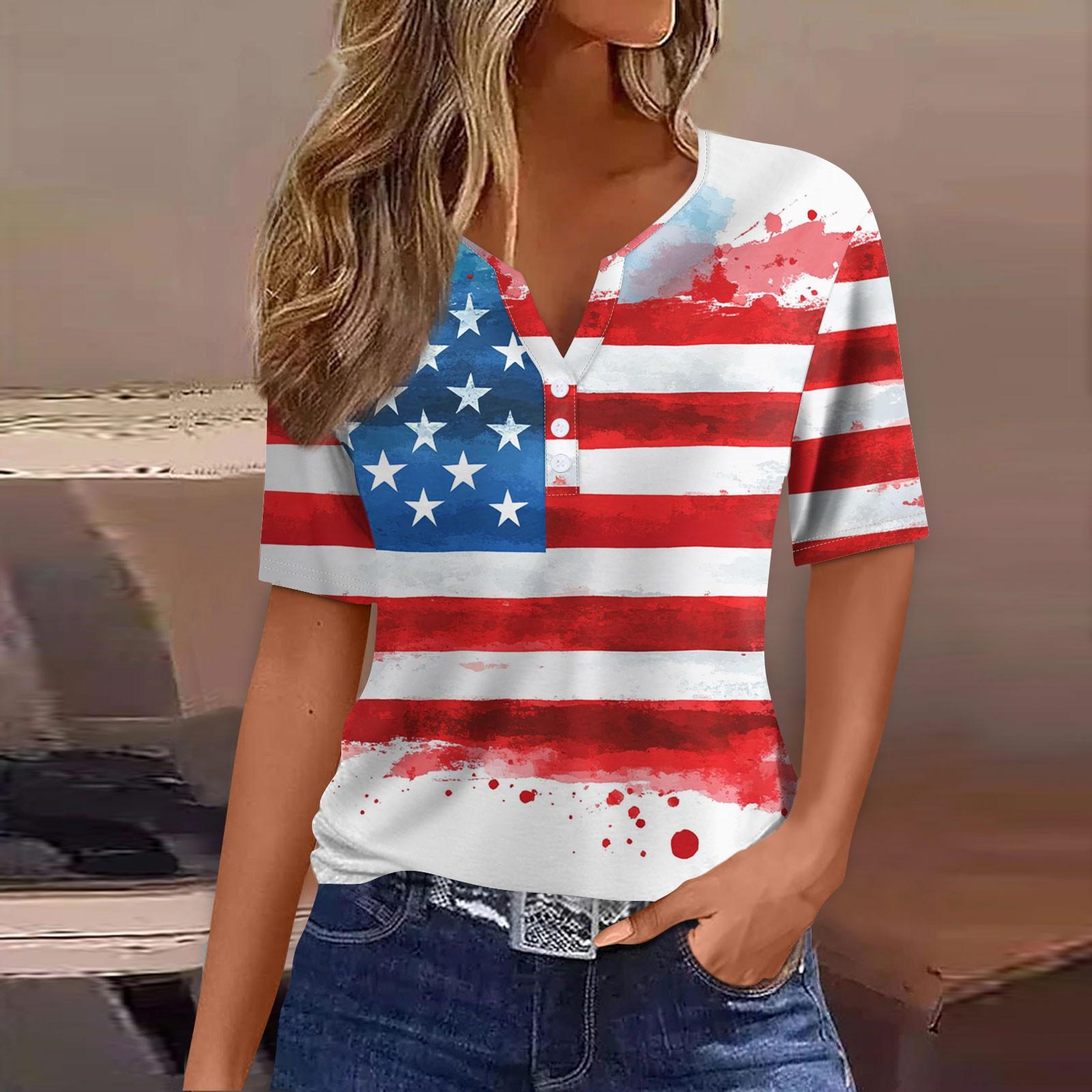 

Women s T Shirt Tee Independence Day Print Button Short Sleeve Daily Weekend Fashion Basic V-Neck Regular Top XXL