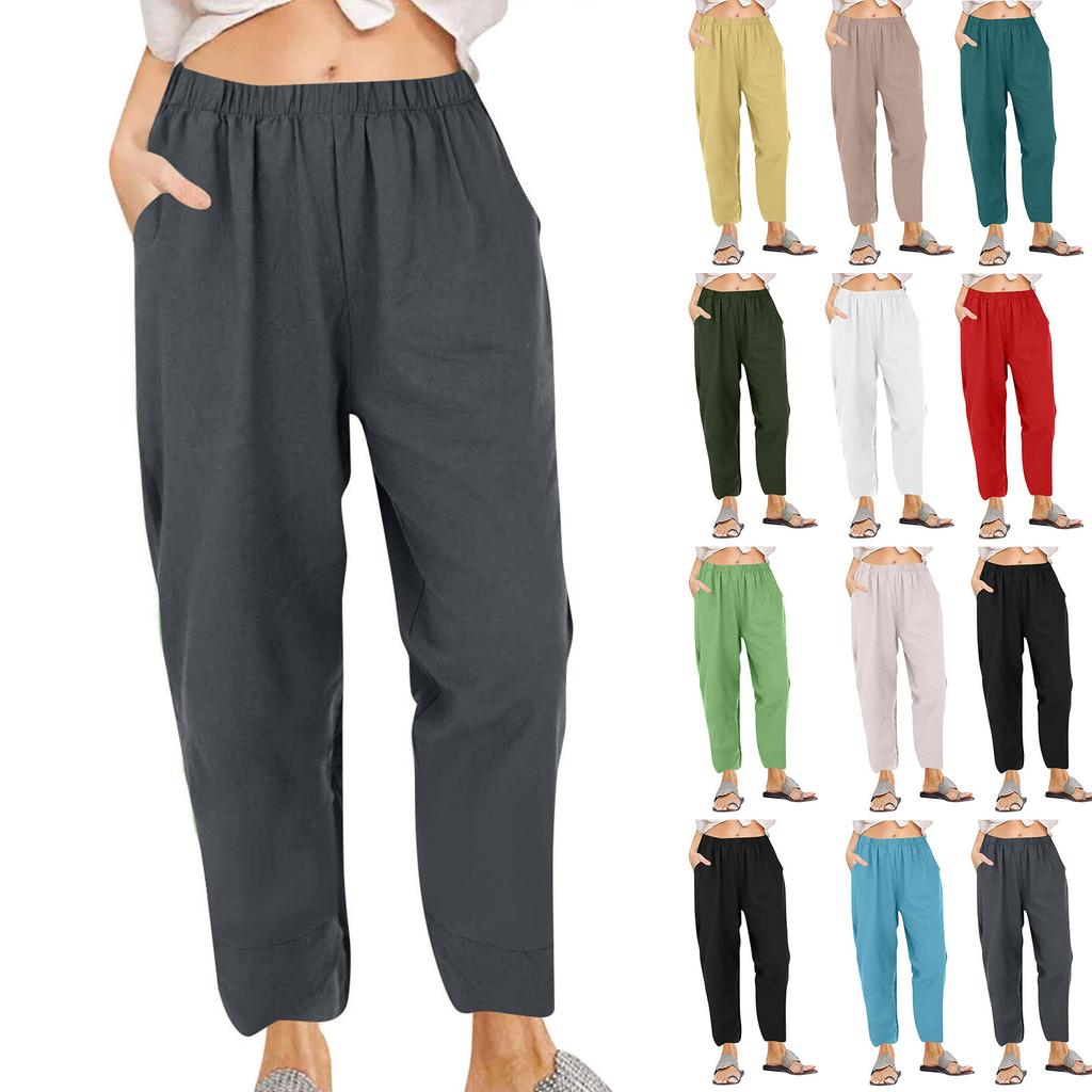 Damenmode, lässig, locker, einfarbig, Baumwollhose mit Taschen