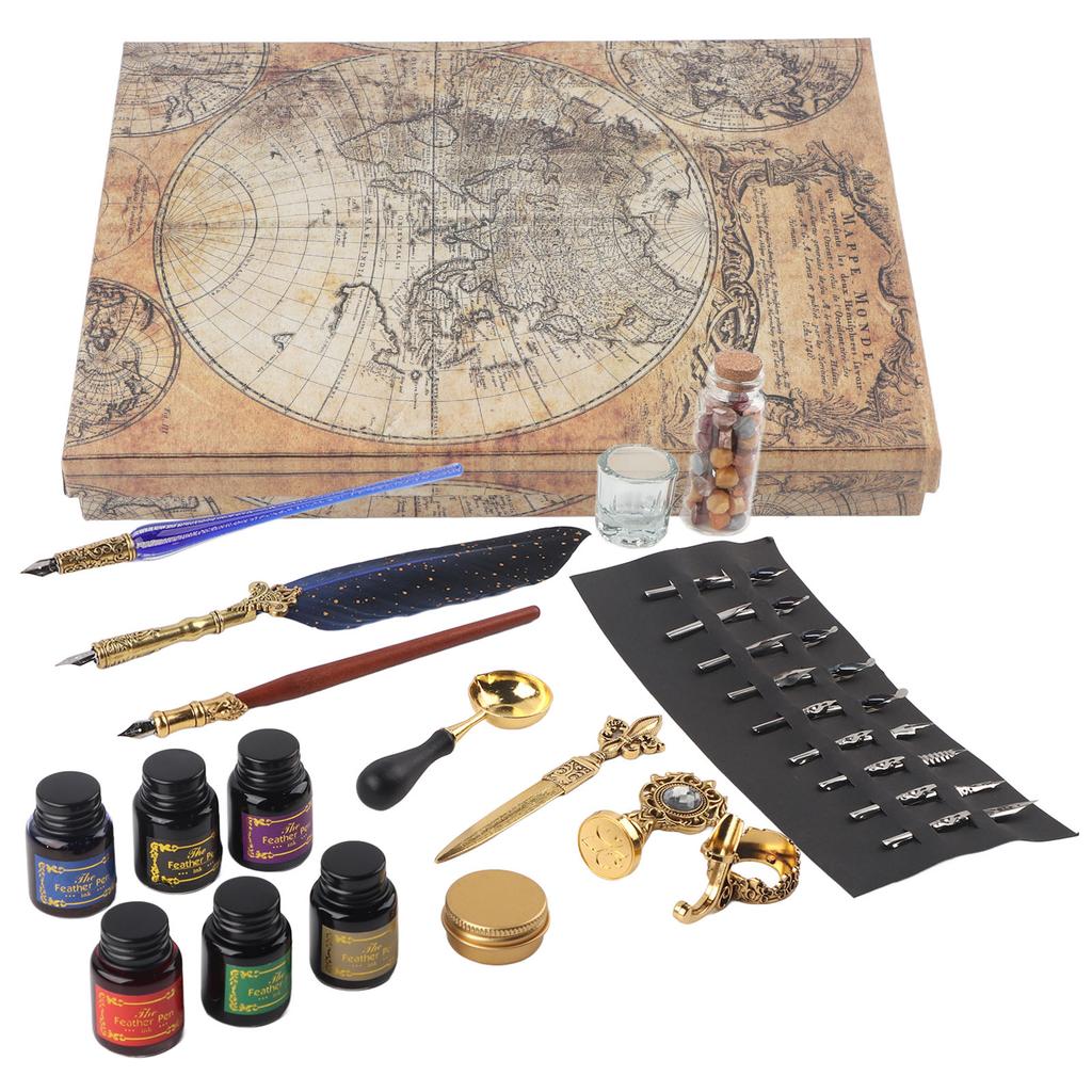 Feather Pen Set European Style British Retro Lacquer Stamp Dipped In Water Quill Pen Set with
