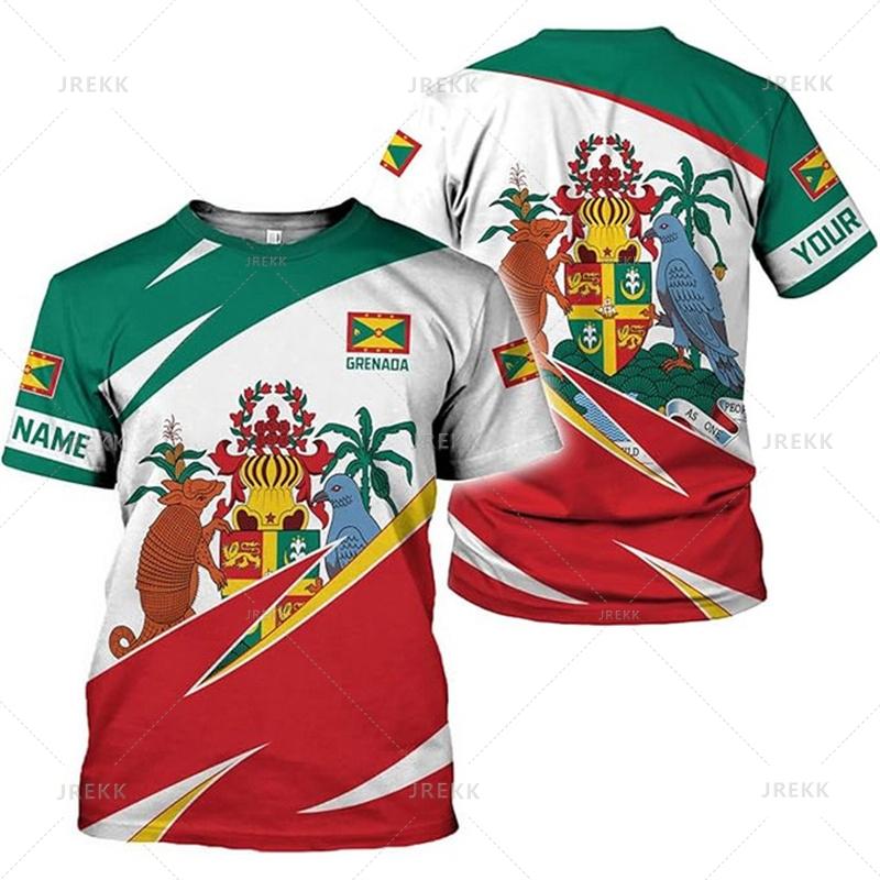 Grenada Flagge Karte 3D Druck T-Shirt Grenada Wappen Grafik Kurzarm T-Shirts Vintage Unisex T-Shirts Herrenbekleidung
