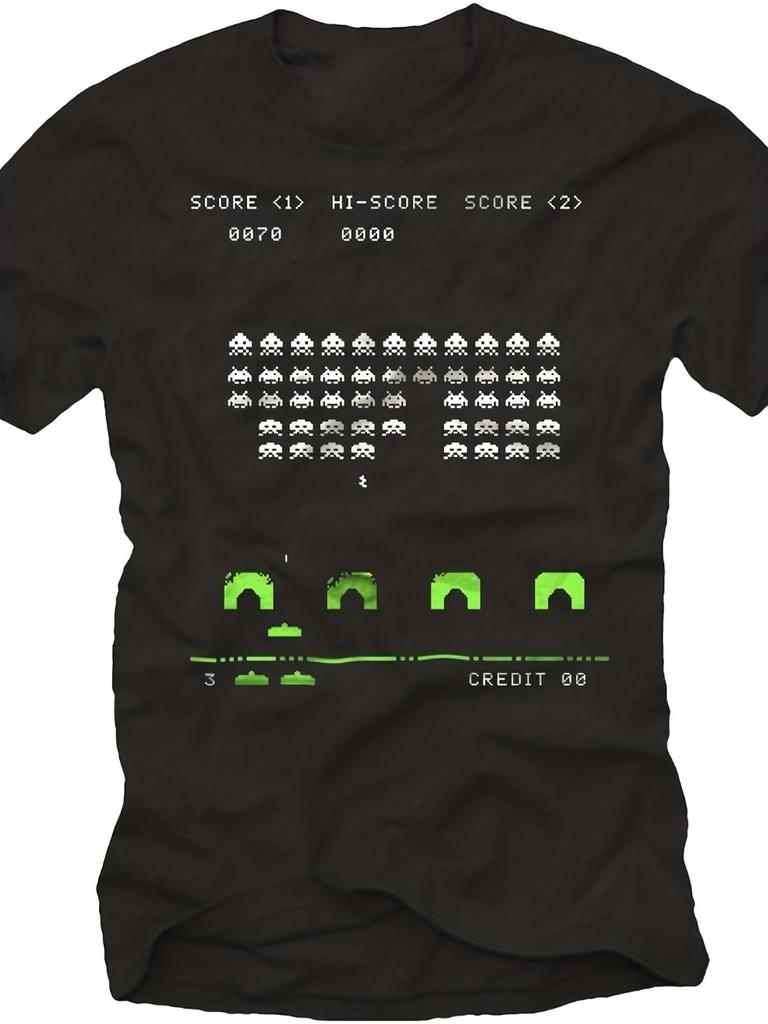 Men's Vintage Arcade Space Invaders Graphic T-Shirt Vintage Game Neon Green Aliens Classic Scor