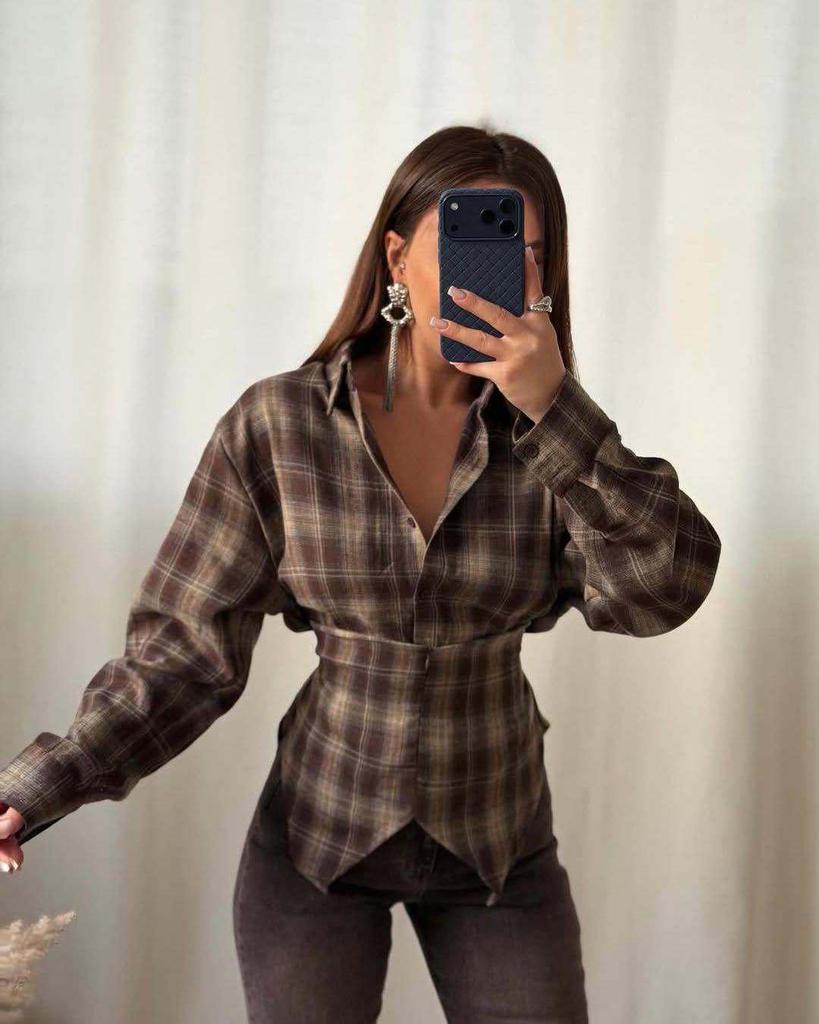 2026 Spring Plaid Lace-up Long-sleeve Shirt with Irregular Hem and Cinched Waist