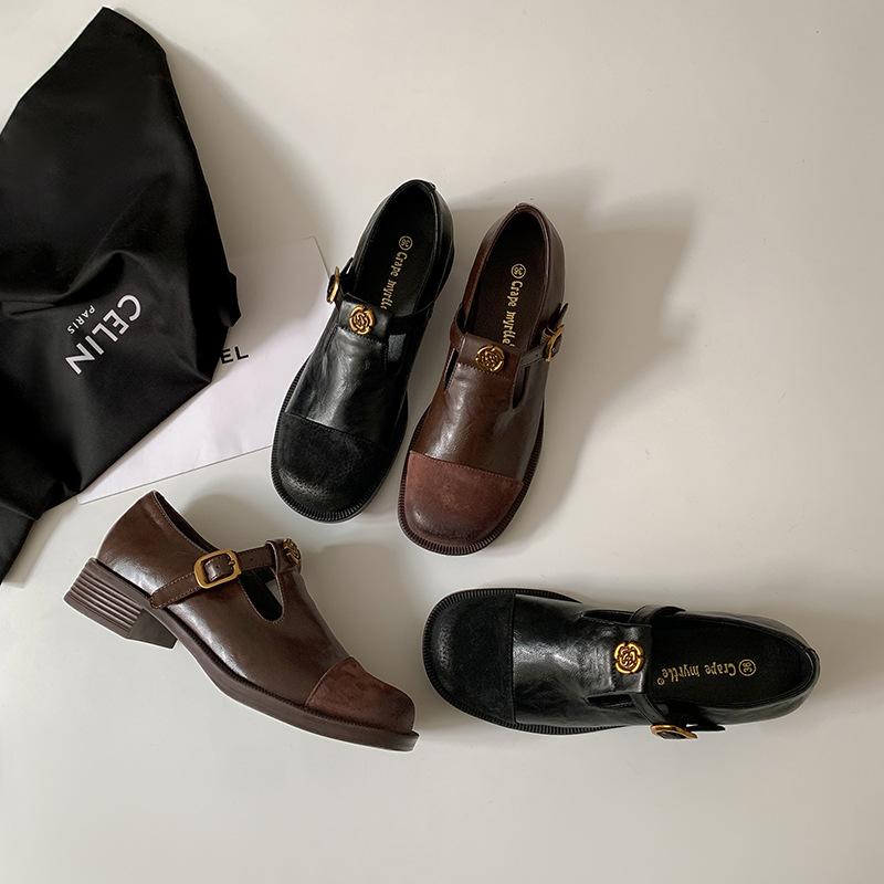2025 spring new retro camellia deep mouth Mary Jane shoes women's thick heel one pedal round head small leather shoes