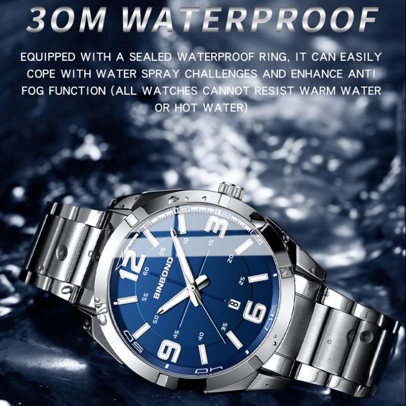 BINBOND Men's Watch Big Digital Fashion Business Waterproof Calendar Night Light Stainless Steel Quartz Men's Watch Men's Gift