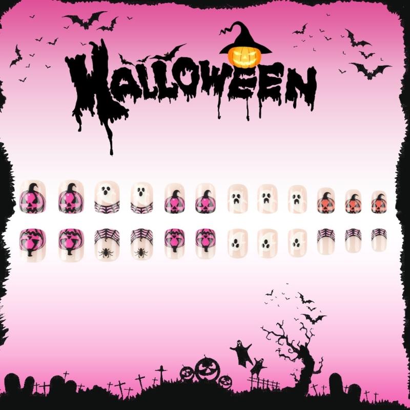 Halloween Fake Nail Short Square Spiders Web Pumpkin Art Durability NonToxic Artificial Nail for Costume Parties
