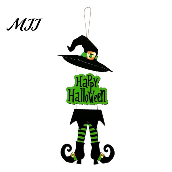 Indoor Outdoor Halloween Sign Happy Welcome Witch Legs Hat Hanging Wooden Wall Decor Durable Art Rustic Front Door Hanger for Porch Vivid Color