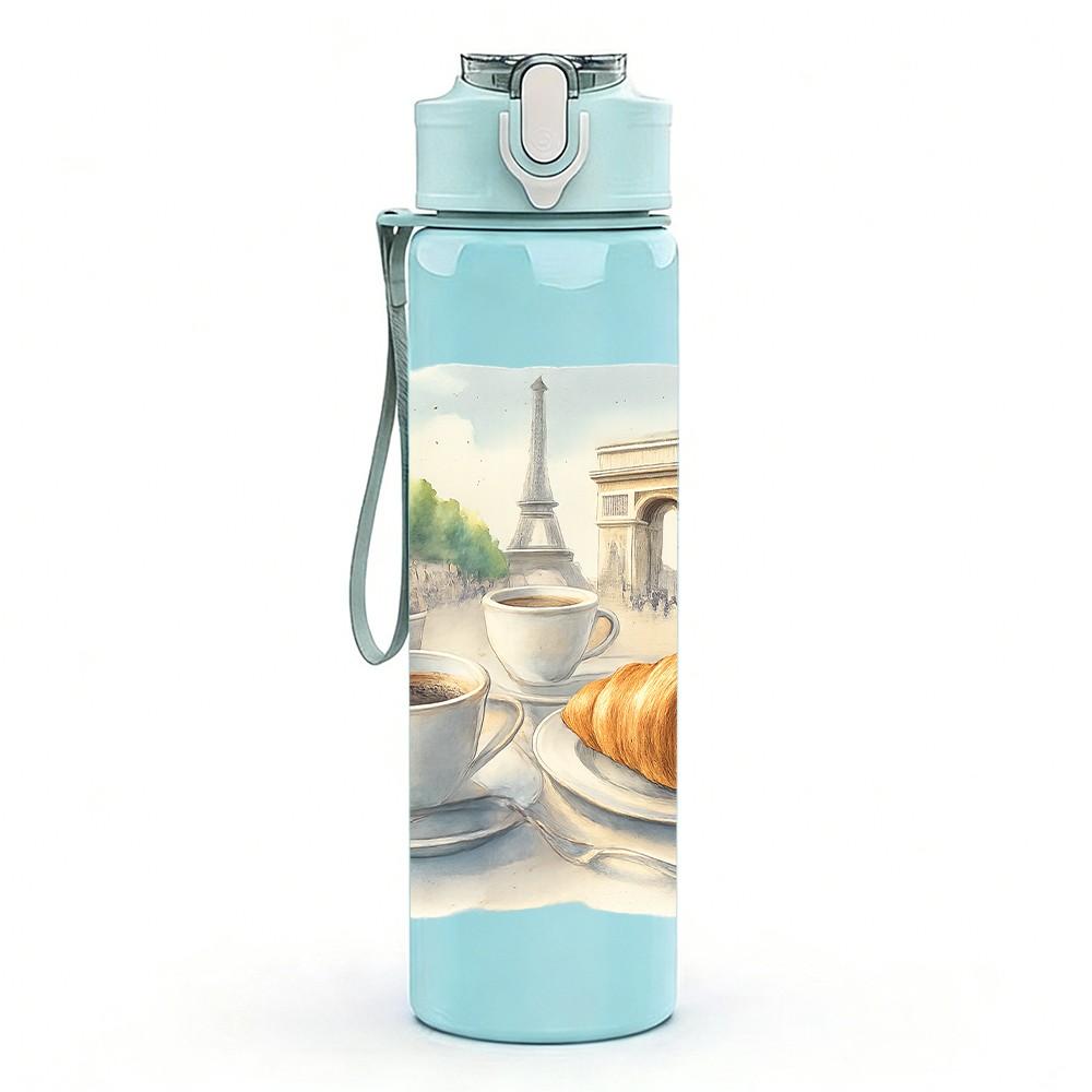 1PC Eiffel Tower Coffee Croissant 750ml Color Plastic Sports Water Bottle Leakproof Flip Straw Lid Suitable for Sports Office Home Use