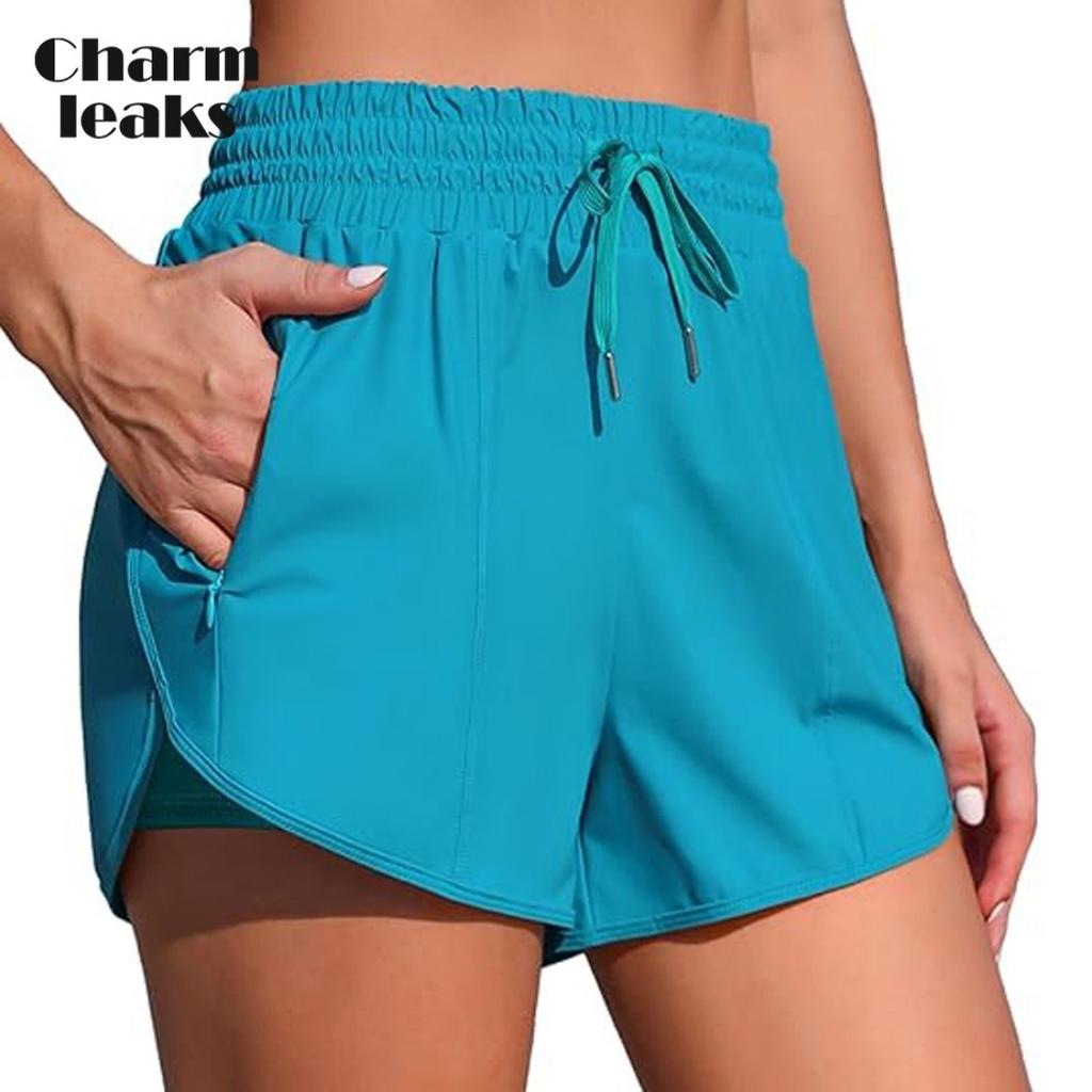 CHARMLEAKS Women's High Waisted Swim Shorts Drawstring Board Shorts with Zipper Pockets Liner