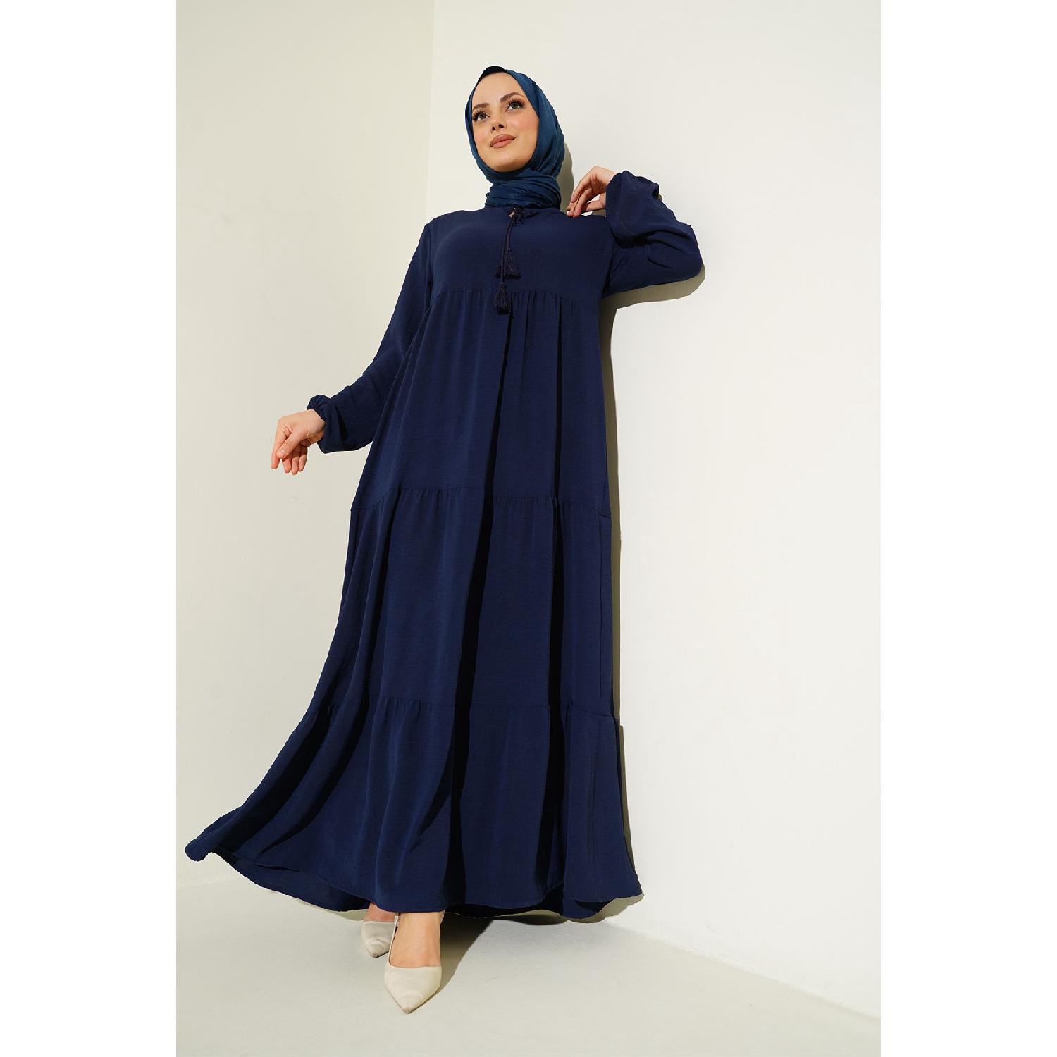

1627 Collar Lace-up Hijab Dress - Dark Blue 38 серый