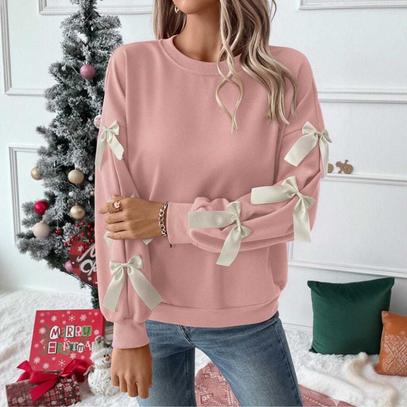 Женский модный повседневный милый свободный красный рождественский пуловер-свитшот с круглым вырезом и бантом XL розовый 2000₽