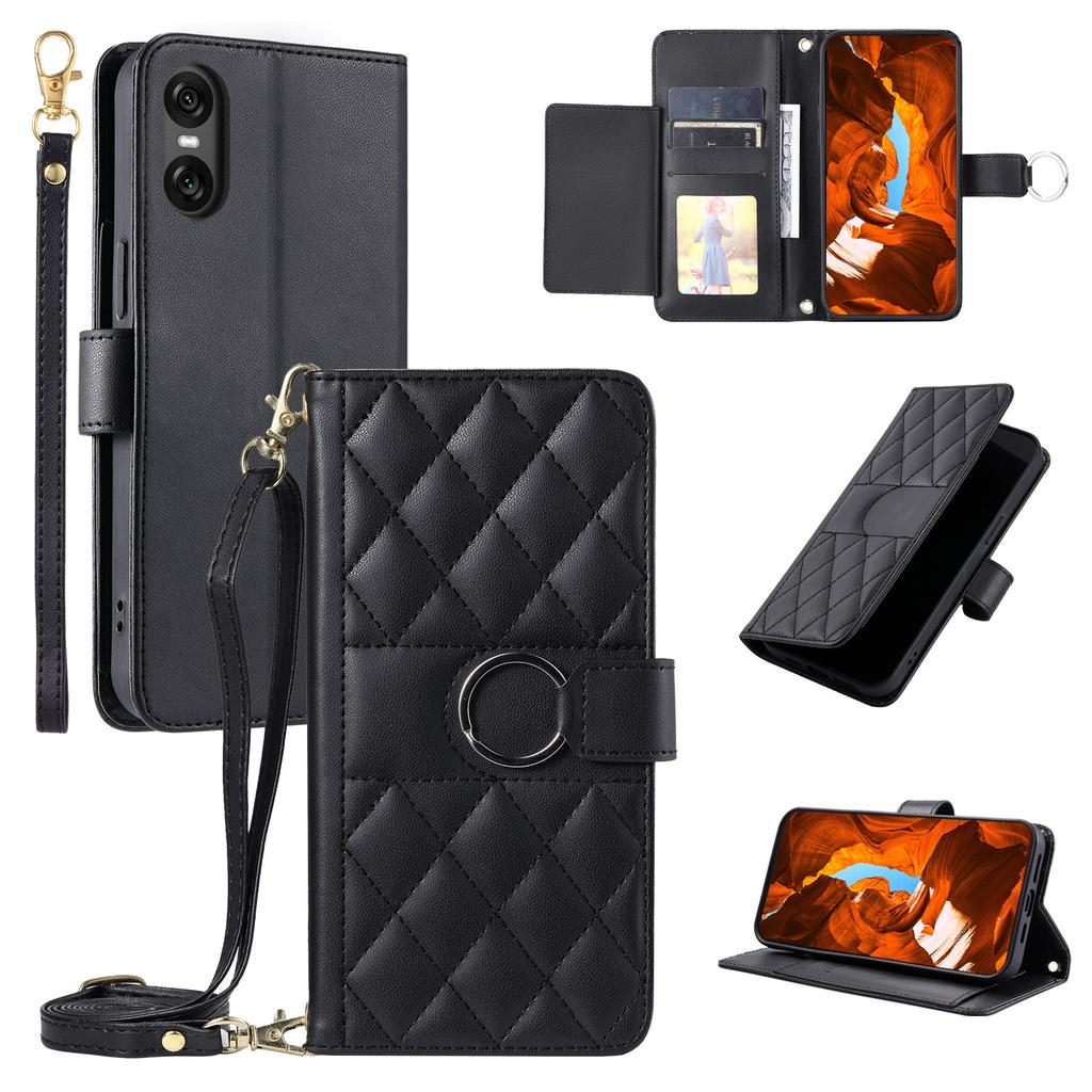 For Sony Xperia 5 V Crossbody Leather Case Ring Buckle Wallet Stand Rhombus Mobile Cover