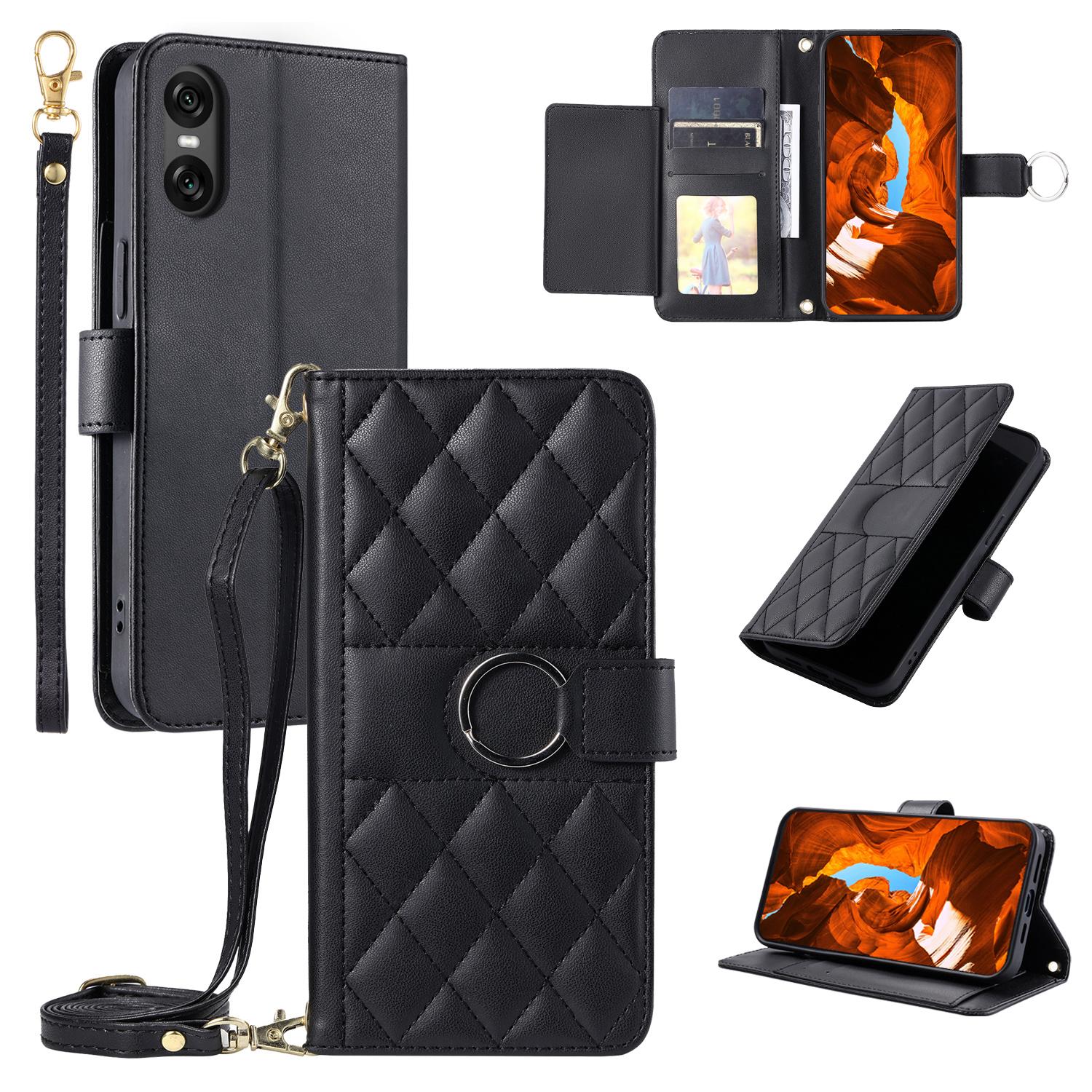 

For Sony Xperia 5 V Crossbody Leather Case Ring Buckle Wallet Stand Rhombus Mobile Cover A