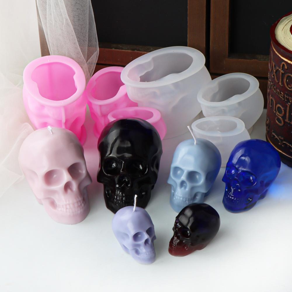 3D Skull Head Candle Silicone Mold DIY Horror Theme Epoxy Resin Craft Skeleton Shape Festive Halloween Decorations Creative Gift