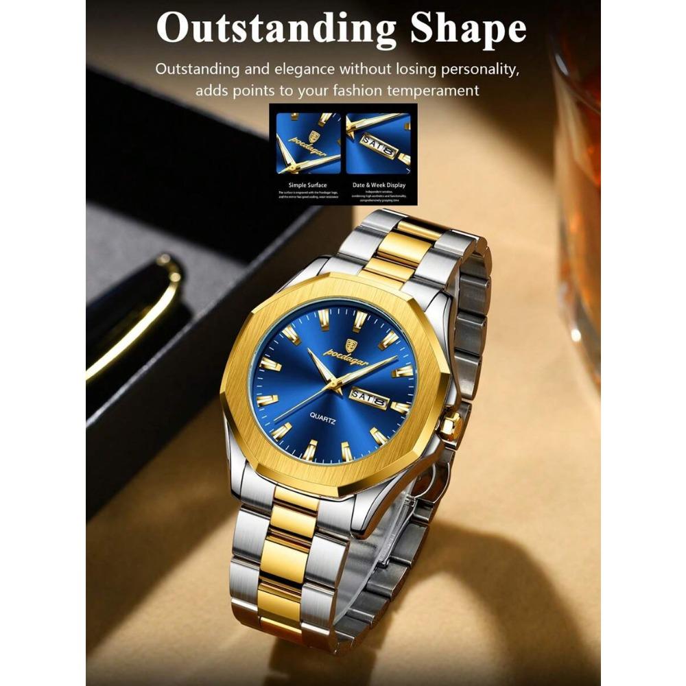 POEDAGAR 1pc Casual Men's Stainless Steel Quartz Wristwatch, Dual Date Display, Business Waterproof Luminous Wristwatch, Men's Gift
