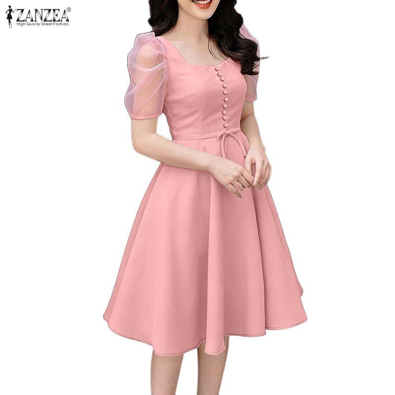 ZANZEA Women Casual Square Collar Splice Short Sleeve Elegant Dress