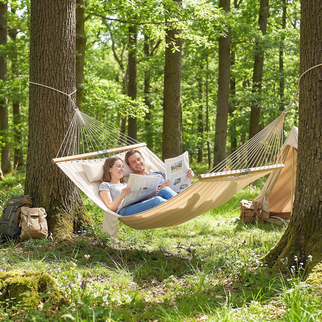 Double Hammock 2 Person Swing Bed with Spreader Bars, Pillows, Pad, 200 x 140cm, Cream White