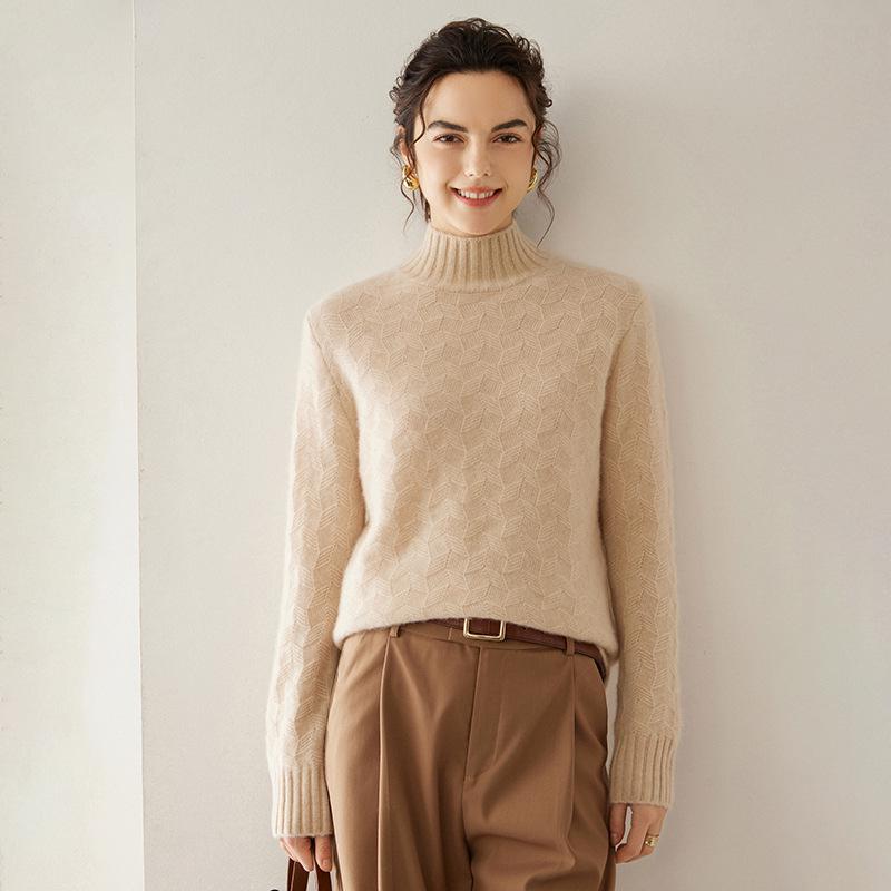 Twisted Flower Half-High Collar Cashmere Knit Sweater - Women's Solid Color, Long-Sleeve, Versatile Pullover, Comfortable Base Layer.