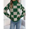 Women Casual High Neck Color Block Plaid Lantern Long Sleeve Pullover Sweater