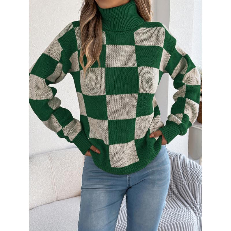 Women Casual High Neck Color Block Plaid Lantern Long Sleeve Pullover Sweater
