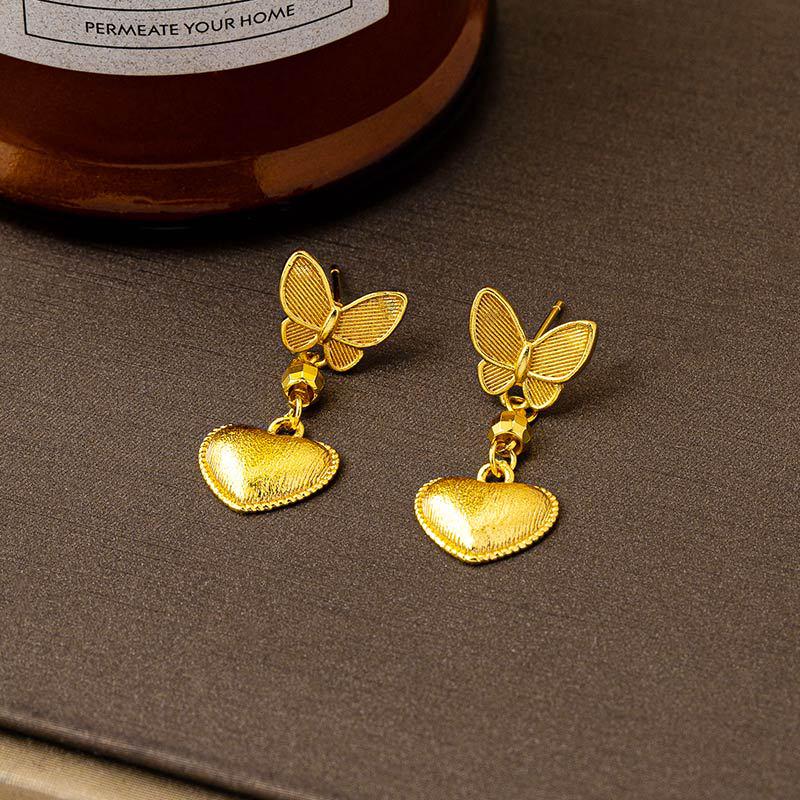 Trendy Gold Love Heart Butterfly Earrings - Women's Long-Lasting Color Retention Jewelry