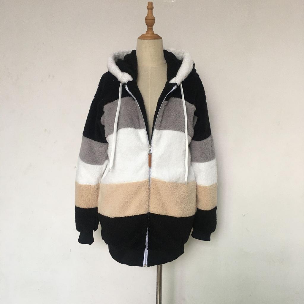 Autumn and Winter Warm Plush Patchwork Zipper Pocket Hooded Loose Women's Coats