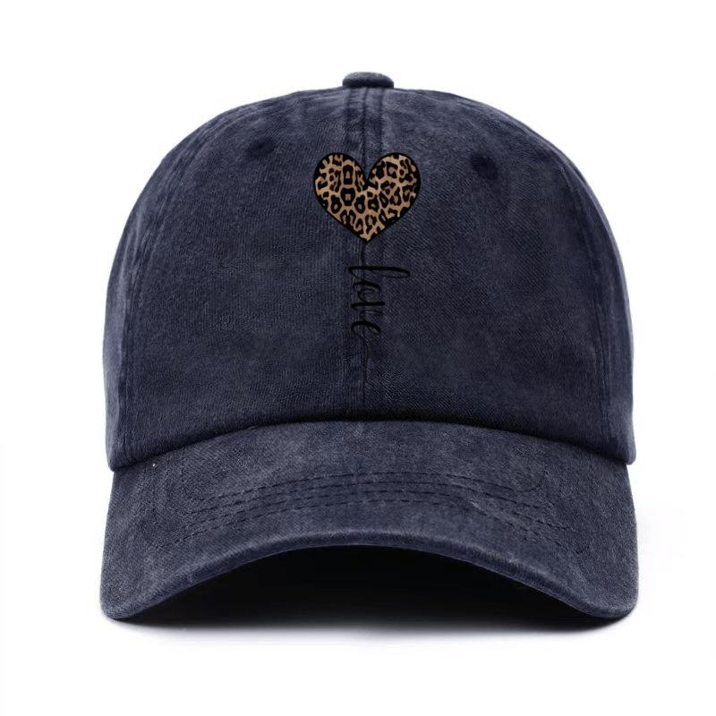 Leopard Heart Love Script Baseball Cap Distressed Sun Protection Casual Adjustable Unisex Outdoor Cap