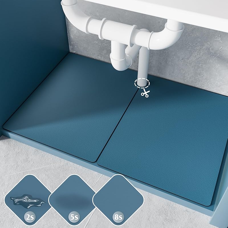 Under Sink Mat for Kitchen, 2 Piece Super Absorbent Undersink Mats for Bottom of Kitchen Sink, 34" X 22" Cuttable Under Sink Liner, Quick-Dry Under