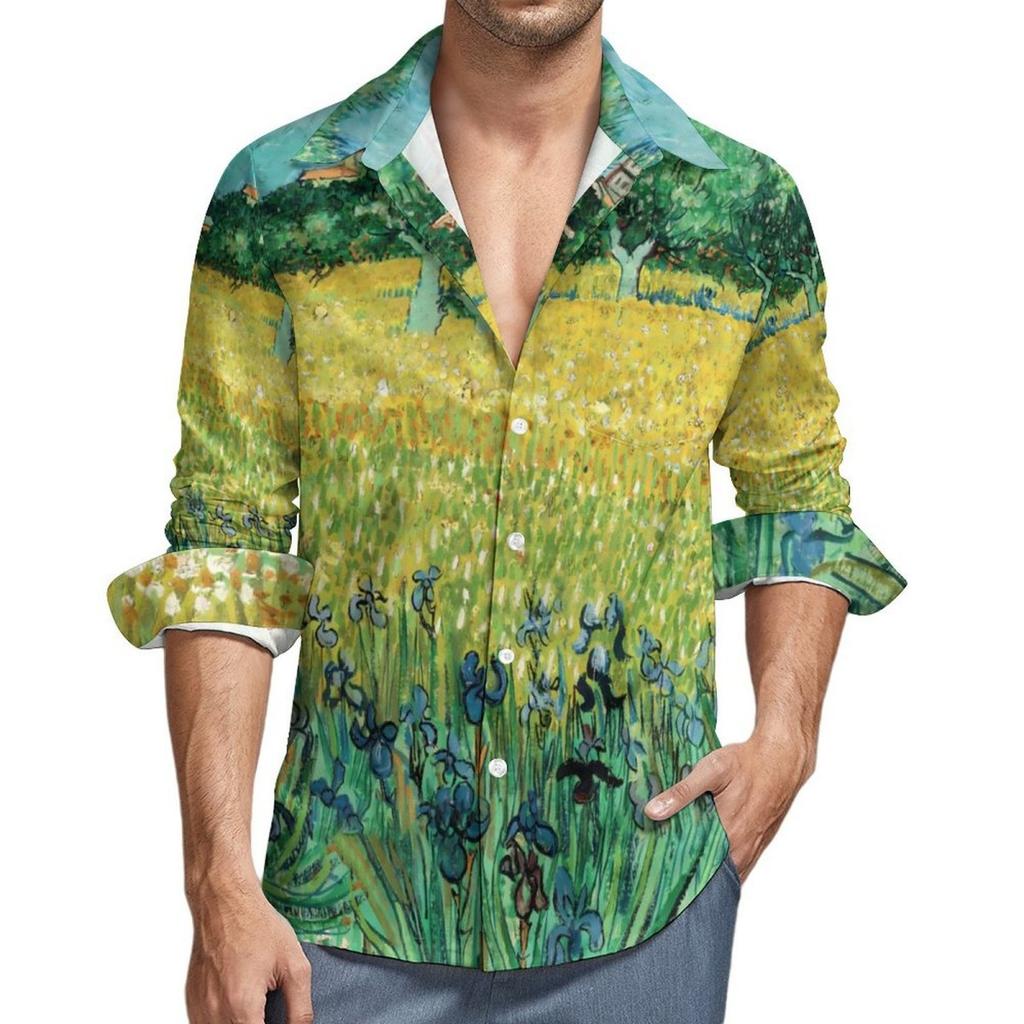 Van Gogh Starry Night Print Long Sleeve Shirt, Artistic Casual Wear